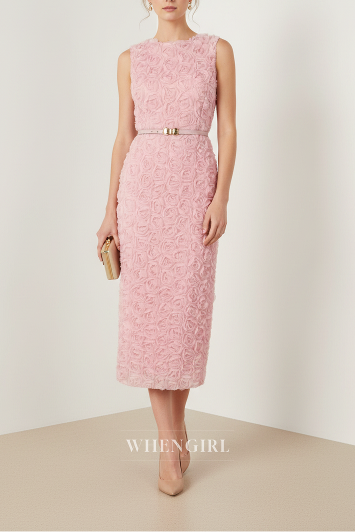 Pink Sleeveless Bateau Neck Midi Dress with Belt