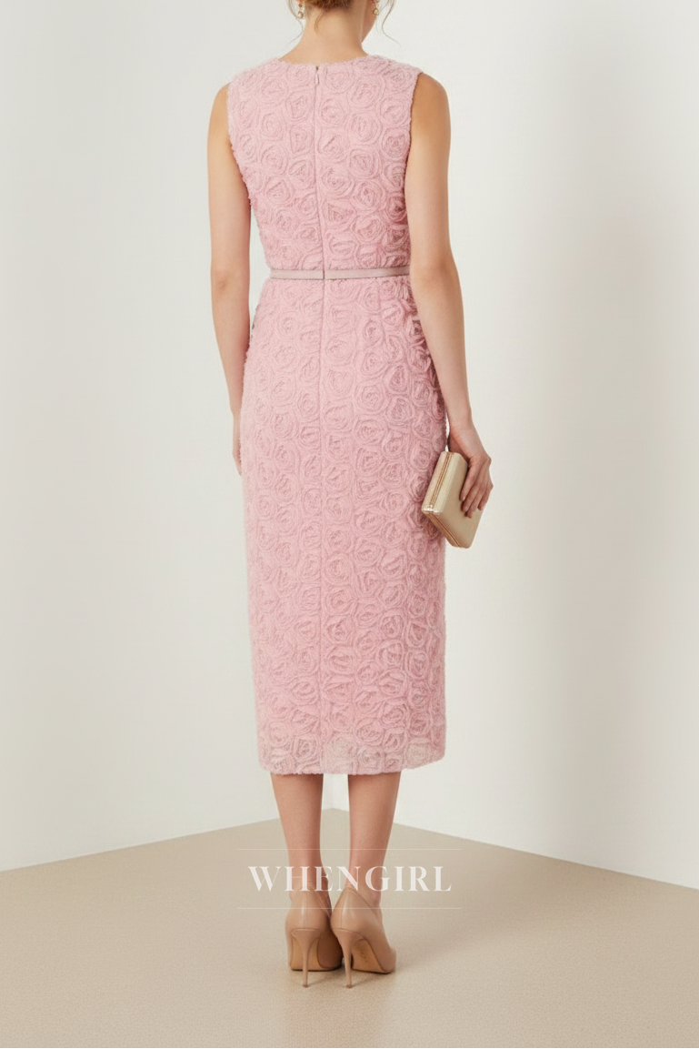 Pink Sleeveless Bateau Neck Midi Dress with Belt
