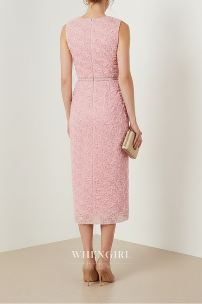 Pink Sleeveless Bateau Neck Midi Dress with Belt
