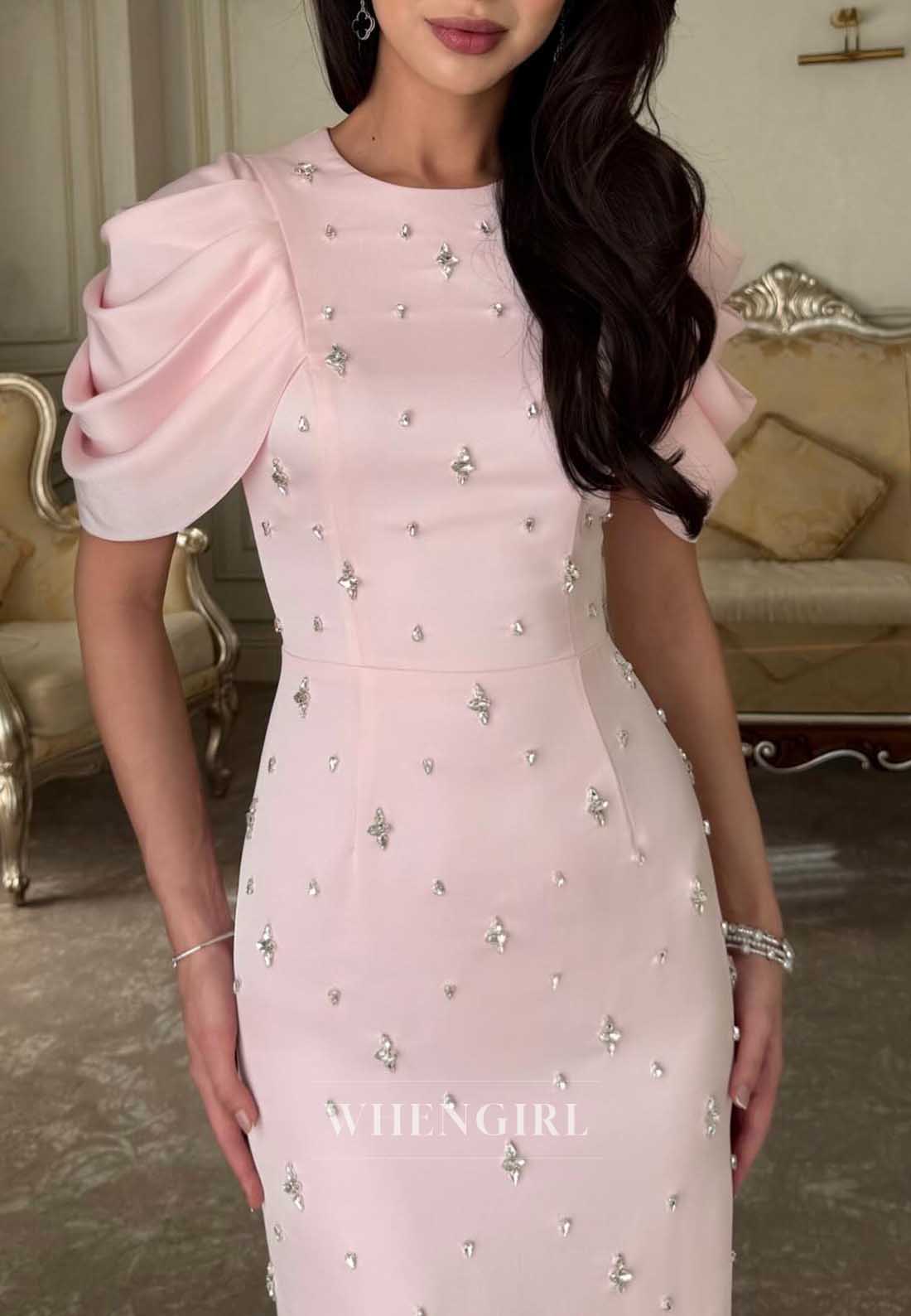 Pink Sheath Short Sleeves Beaded Formal Dress