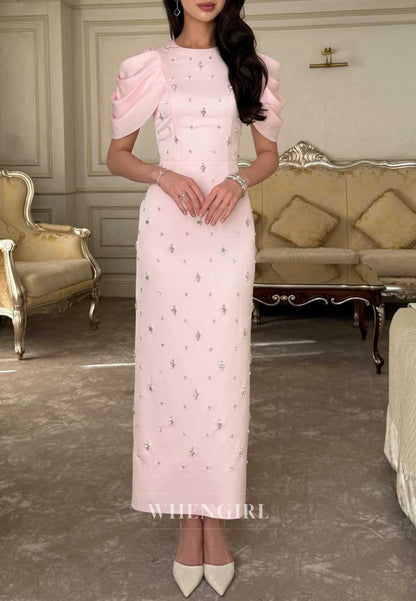 Pink Sheath Short Sleeves Beaded Formal Dress