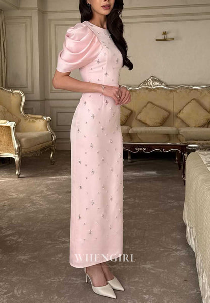 Pink Sheath Short Sleeves Beaded Formal Dress