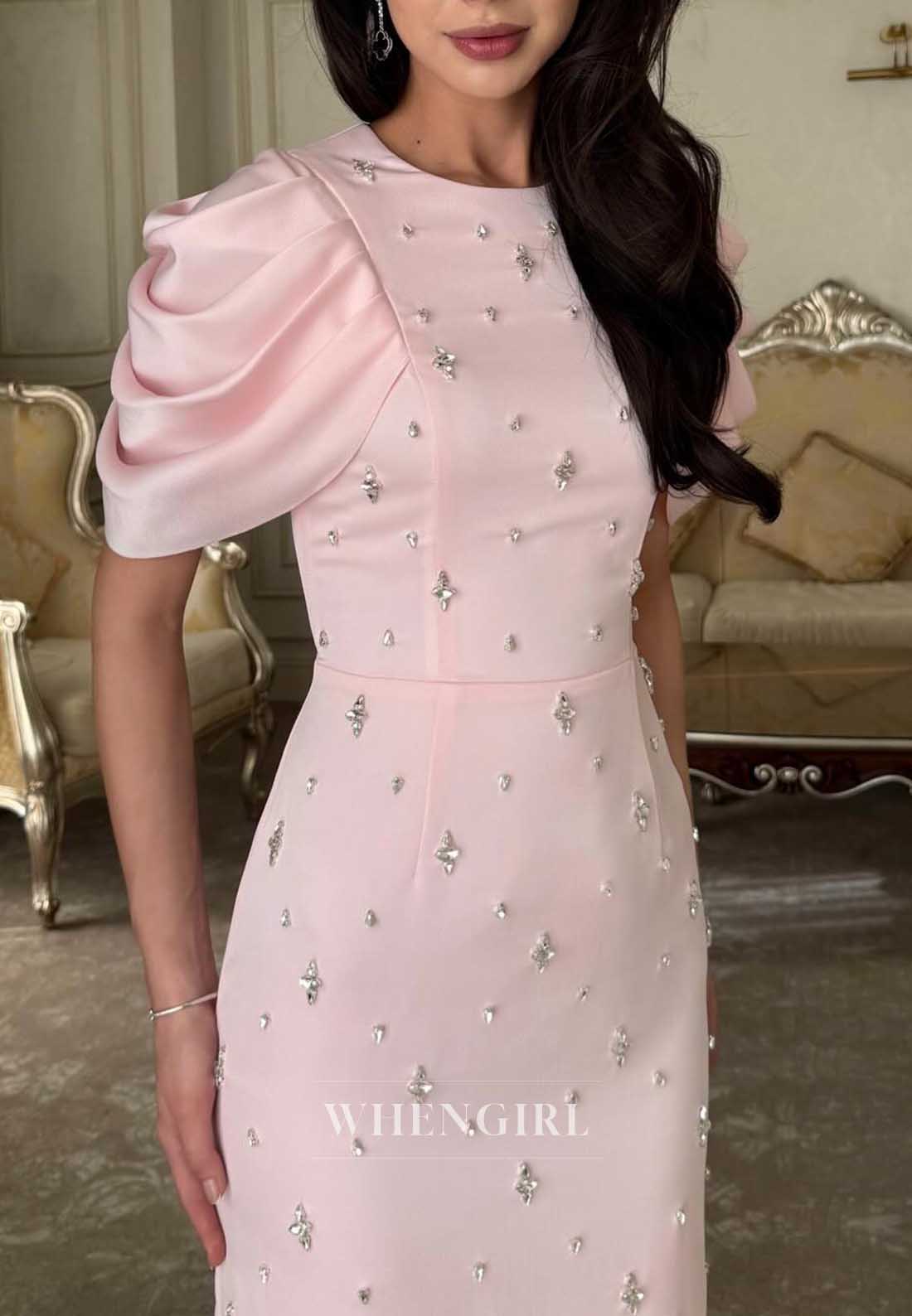 Pink Sheath Short Sleeves Beaded Formal Dress