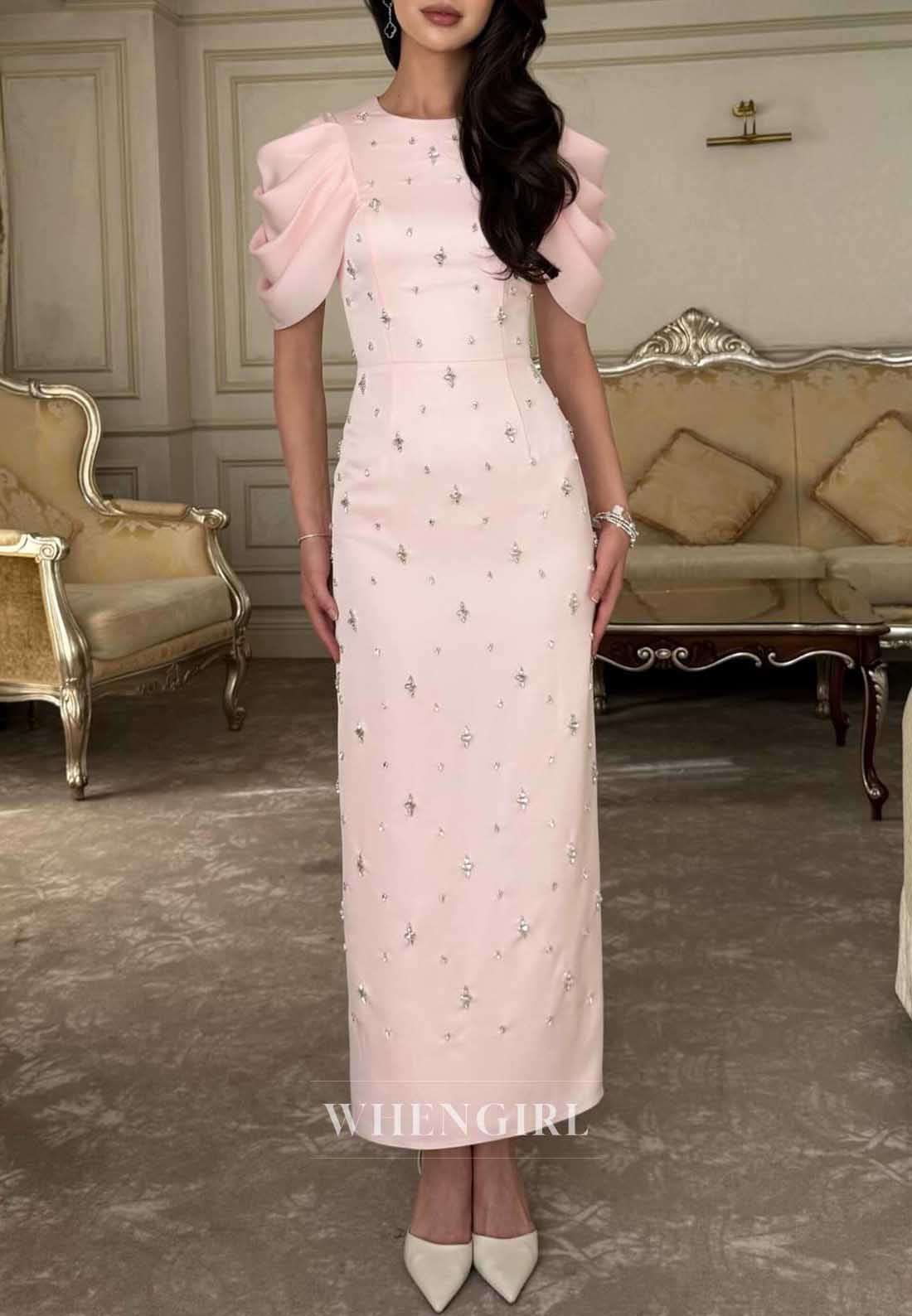 Pink Sheath Short Sleeves Beaded Formal Dress