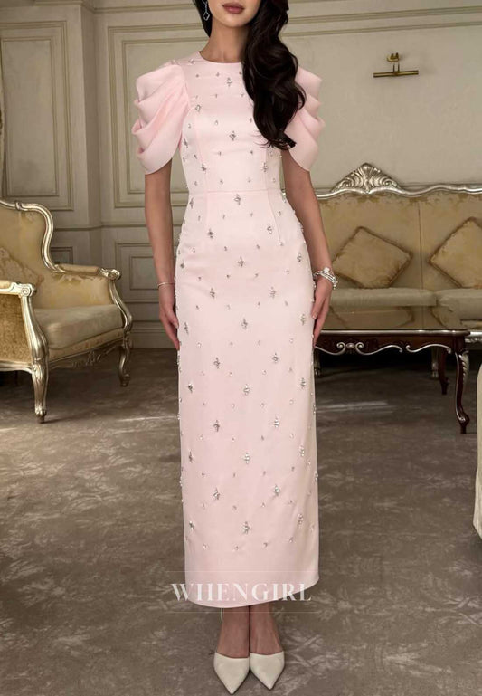 Pink Sheath Short Sleeves Beaded Formal Dress