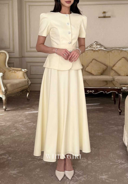 Elegant Yellow Short Sleeves Two Piece Cocktail Dress