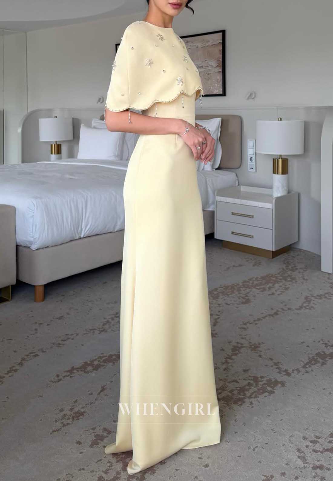 Yellow Beaded Trumpet Formal Dress with Cape