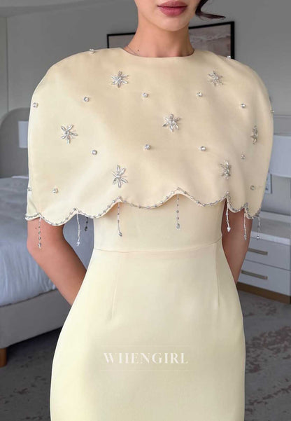 Yellow Beaded Trumpet Formal Dress with Cape