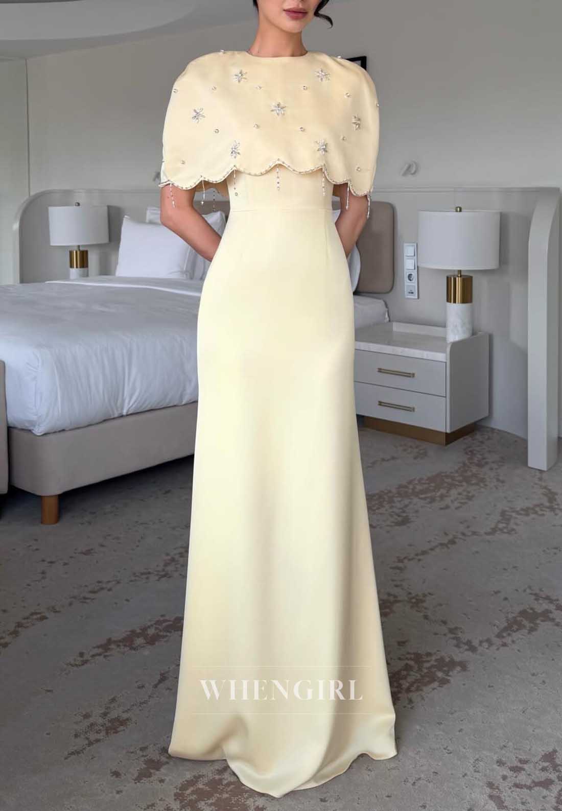 Yellow Beaded Trumpet Formal Dress with Cape