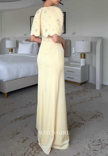 Yellow Beaded Trumpet Formal Dress with Cape