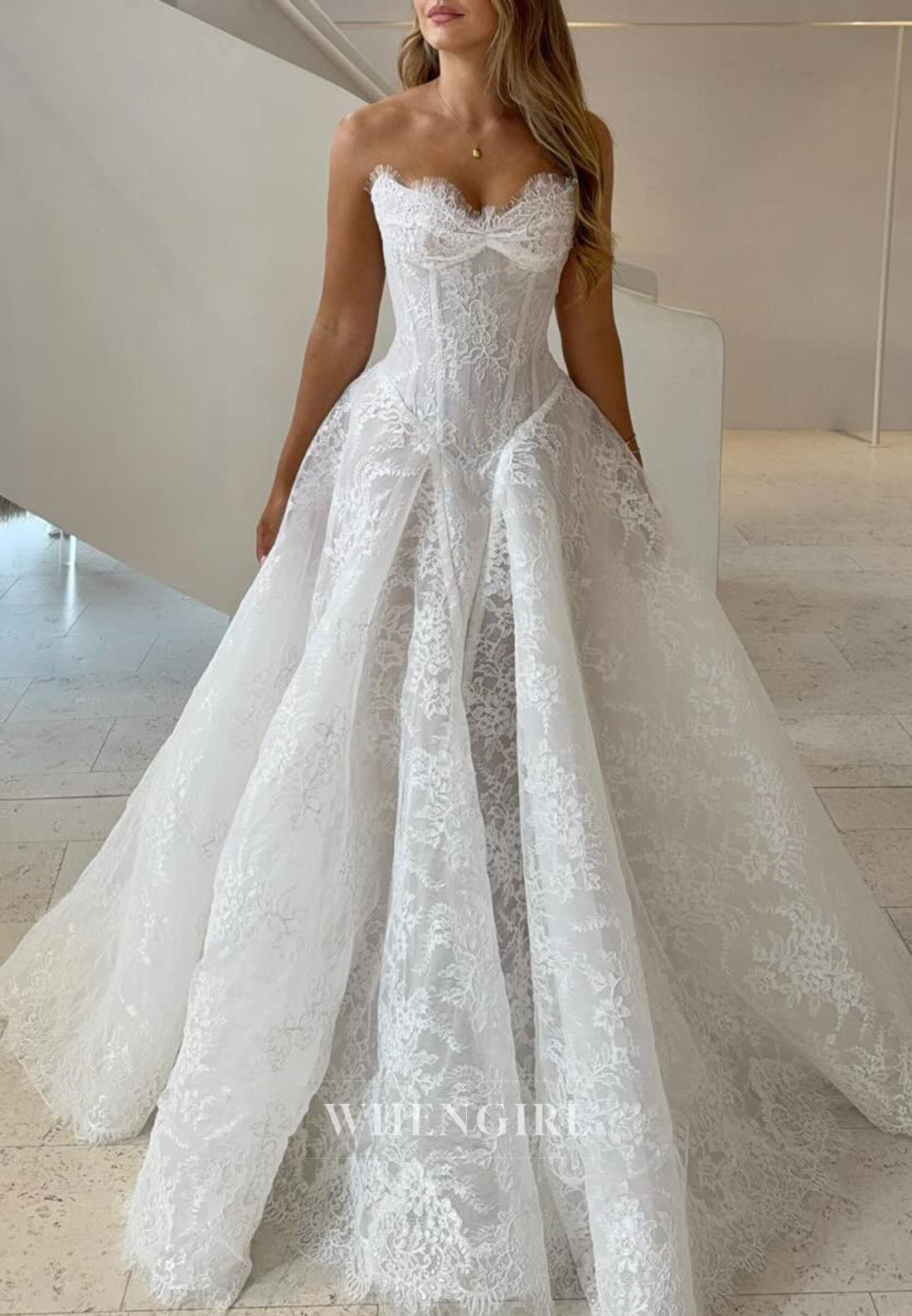 A-Line Lace Strapless Buttons Court Train Wedding Dress