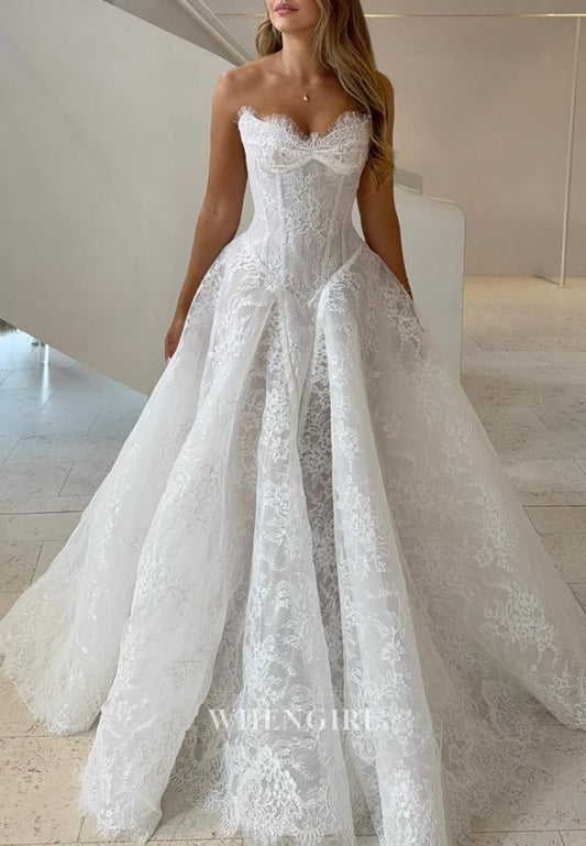 A-Line Lace Strapless Buttons Court Train Wedding Dress