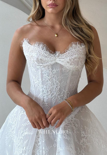 A-Line Lace Strapless Buttons Court Train Wedding Dress