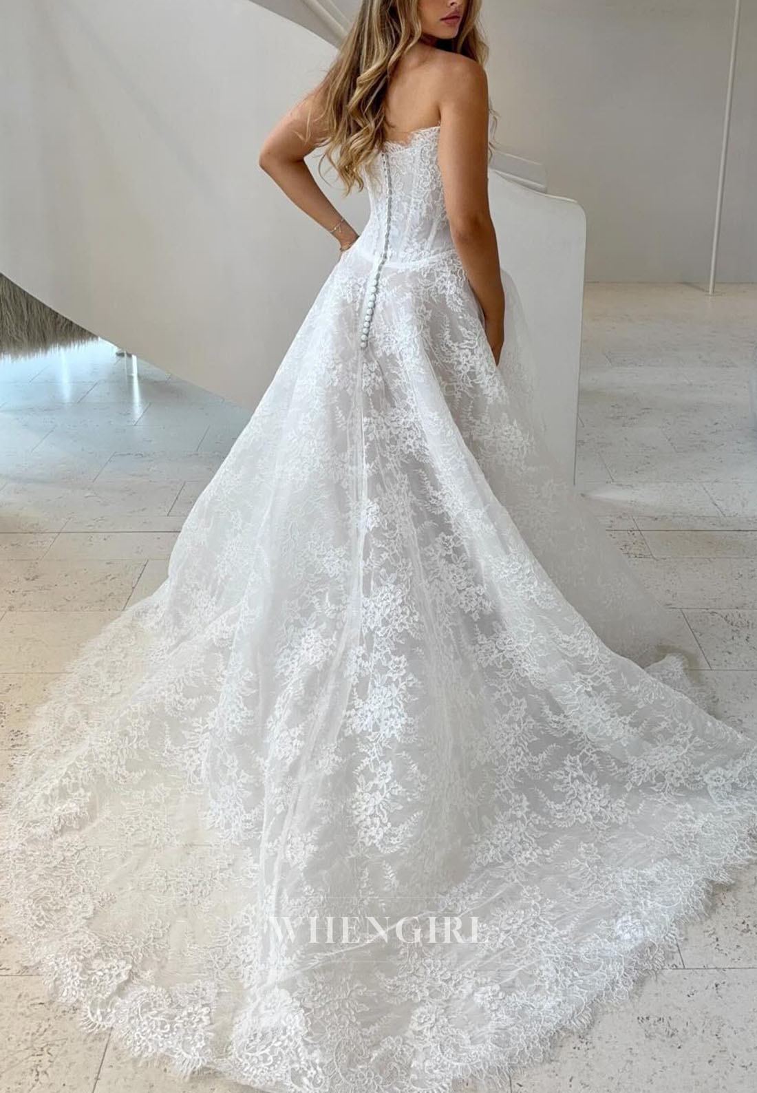 A-Line Lace Strapless Buttons Court Train Wedding Dress
