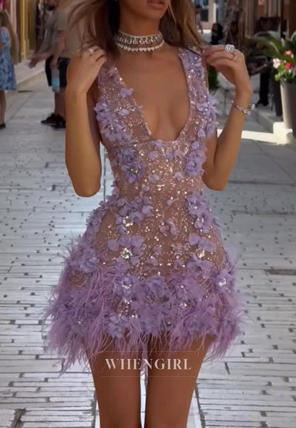 Deep V-Neck 3D Floral and Feather Mini Dress