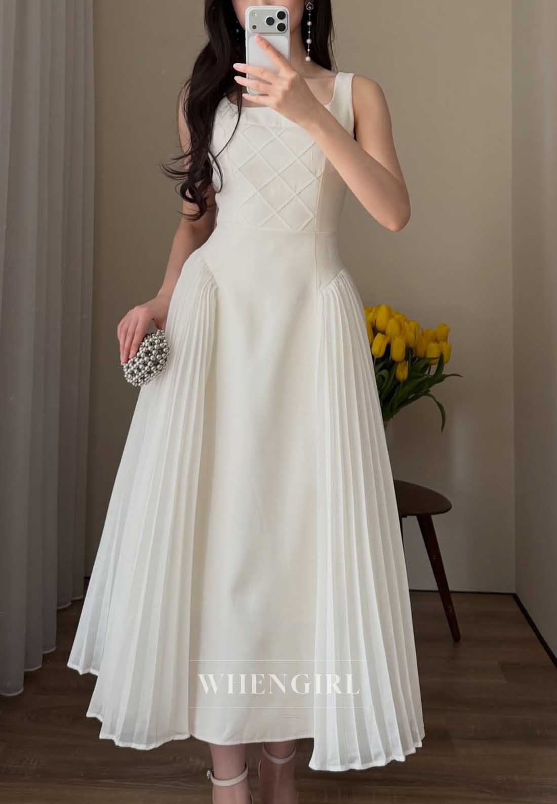 Ivory Square Neck Quilted Bodice Pleated Midi Cocktail Dress