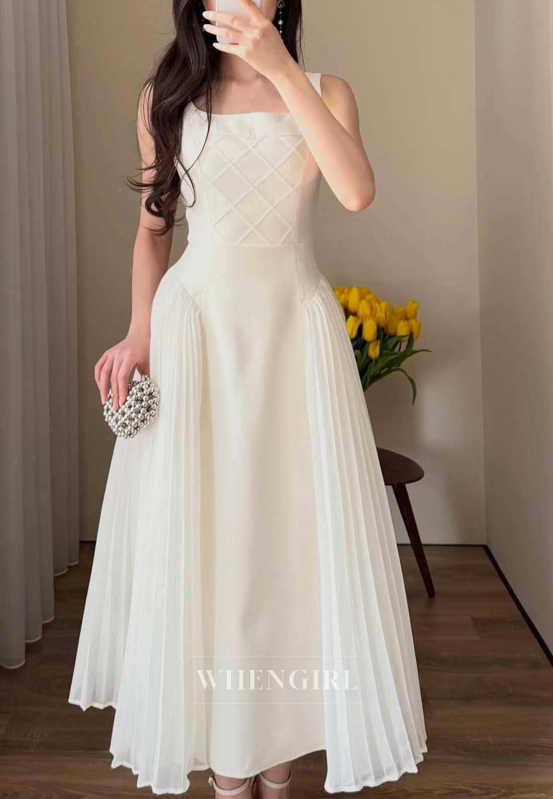 Ivory Square Neck Quilted Bodice Pleated Midi Cocktail Dress