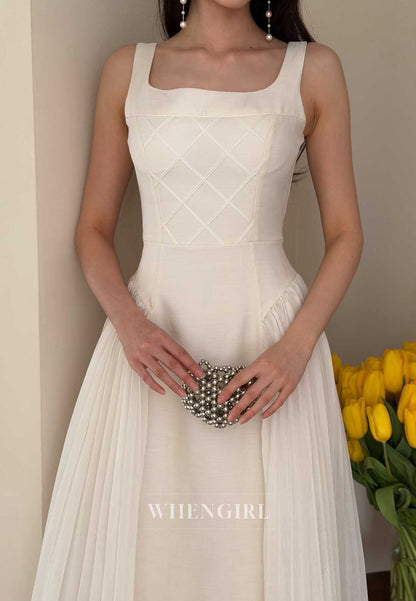 Ivory Square Neck Quilted Bodice Pleated Midi Cocktail Dress