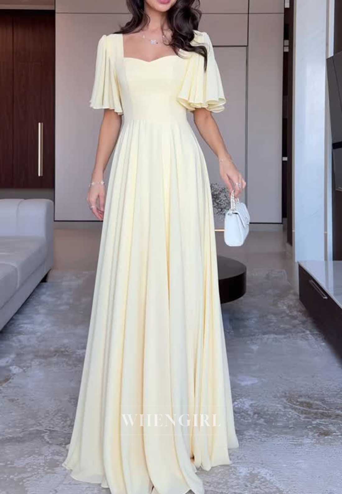 Pale Yellow Square Neck Flutter Sleeve Flowy Maxi Cocktail Dress
