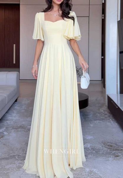 Pale Yellow Square Neck Flutter Sleeve Flowy Maxi Cocktail Dress