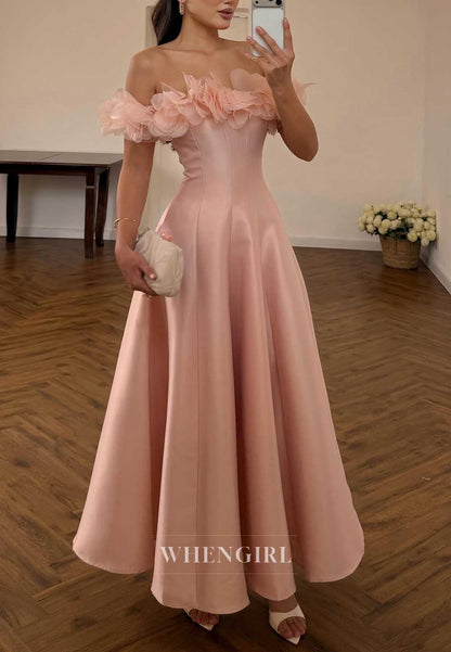Blush Pink Off Shoulder 3D Floral Satin A-Line Cocktail Dress