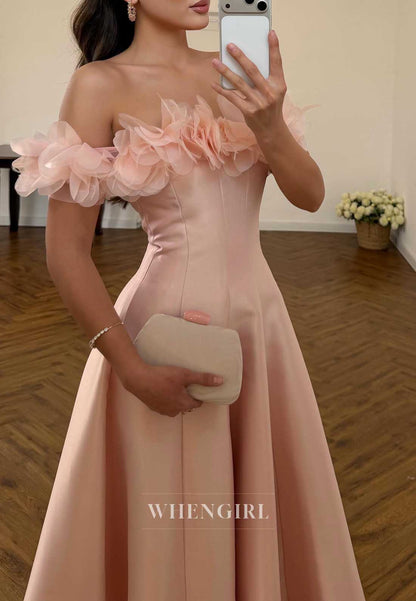 Blush Pink Off Shoulder 3D Floral Satin A-Line Cocktail Dress