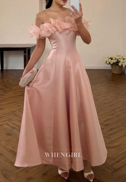 Blush Pink Off Shoulder 3D Floral Satin A-Line Cocktail Dress
