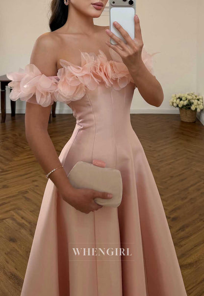 Blush Pink Off Shoulder 3D Floral Satin A-Line Cocktail Dress