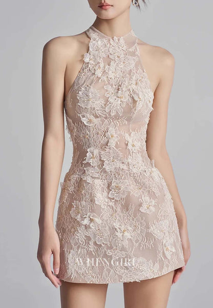 Sheath Halter Sleeveless Appliqued Lace Back Zipper Short Homecoming Dress
