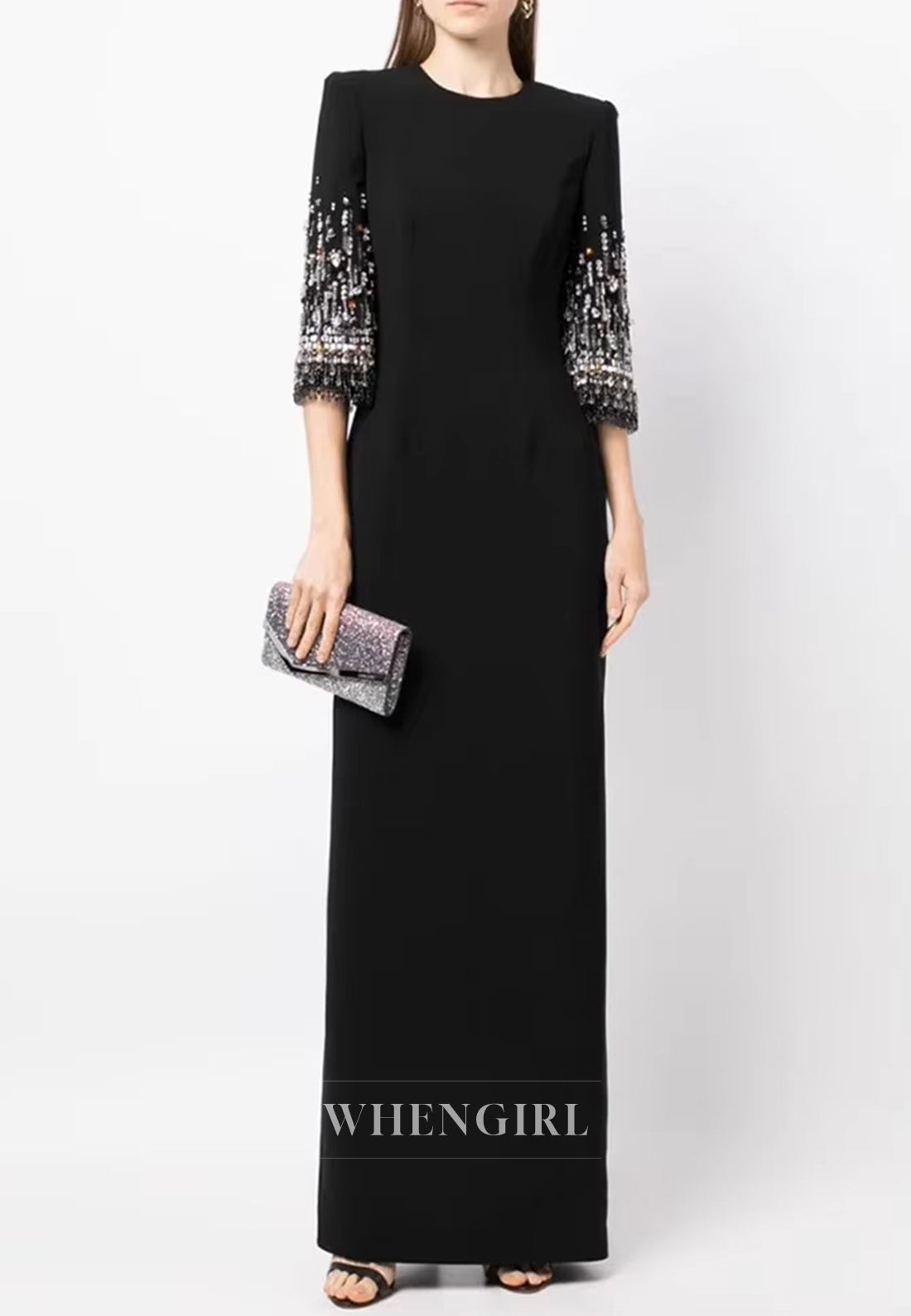 Column Bateau Neck Beaded Half Sleeves Floor Length Evening Formal Dress