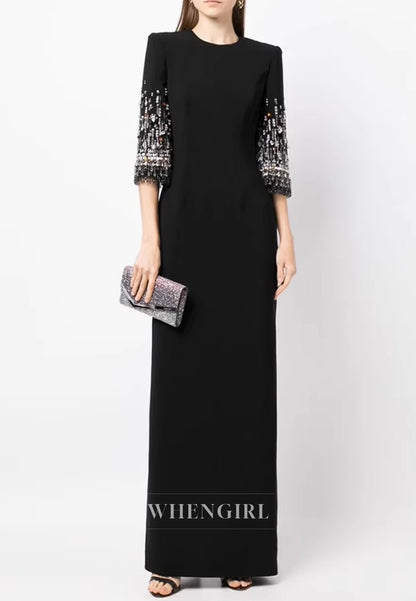 Column Bateau Neck Beaded Half Sleeves Floor Length Evening Formal Dress