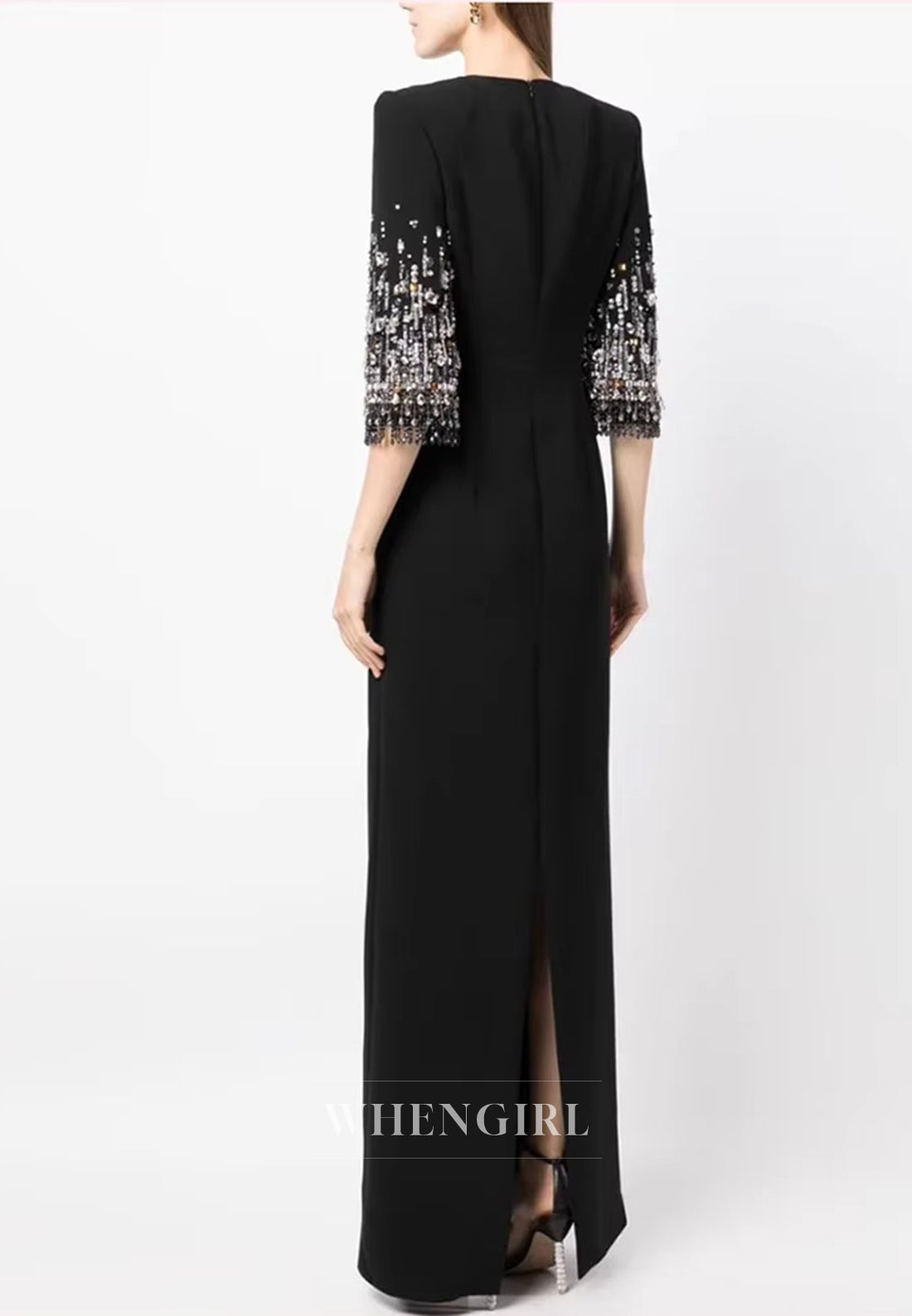 Column Bateau Neck Beaded Half Sleeves Floor Length Evening Formal Dress