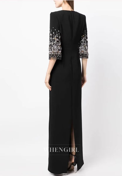 Column Bateau Neck Beaded Half Sleeves Floor Length Evening Formal Dress