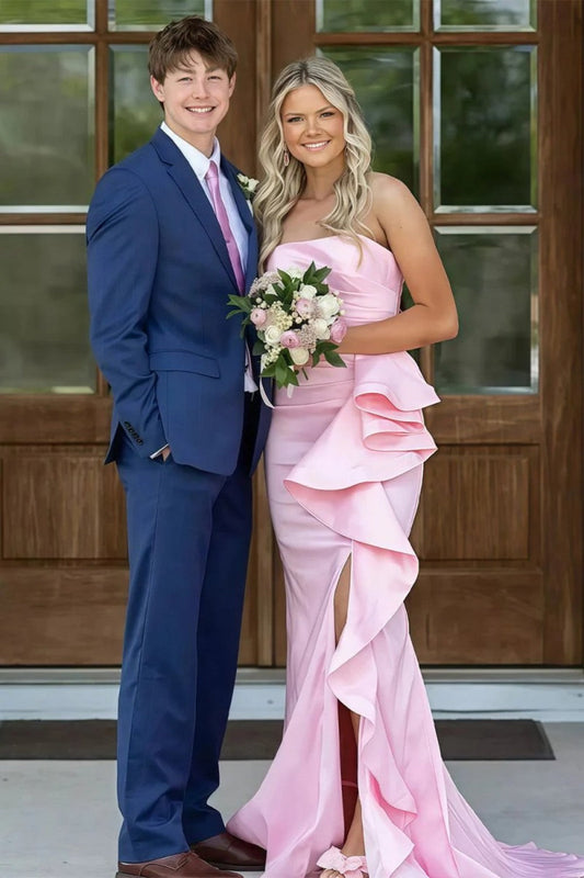 Dreamy Mermaid Strapless Pink Long Prom Dress with Train