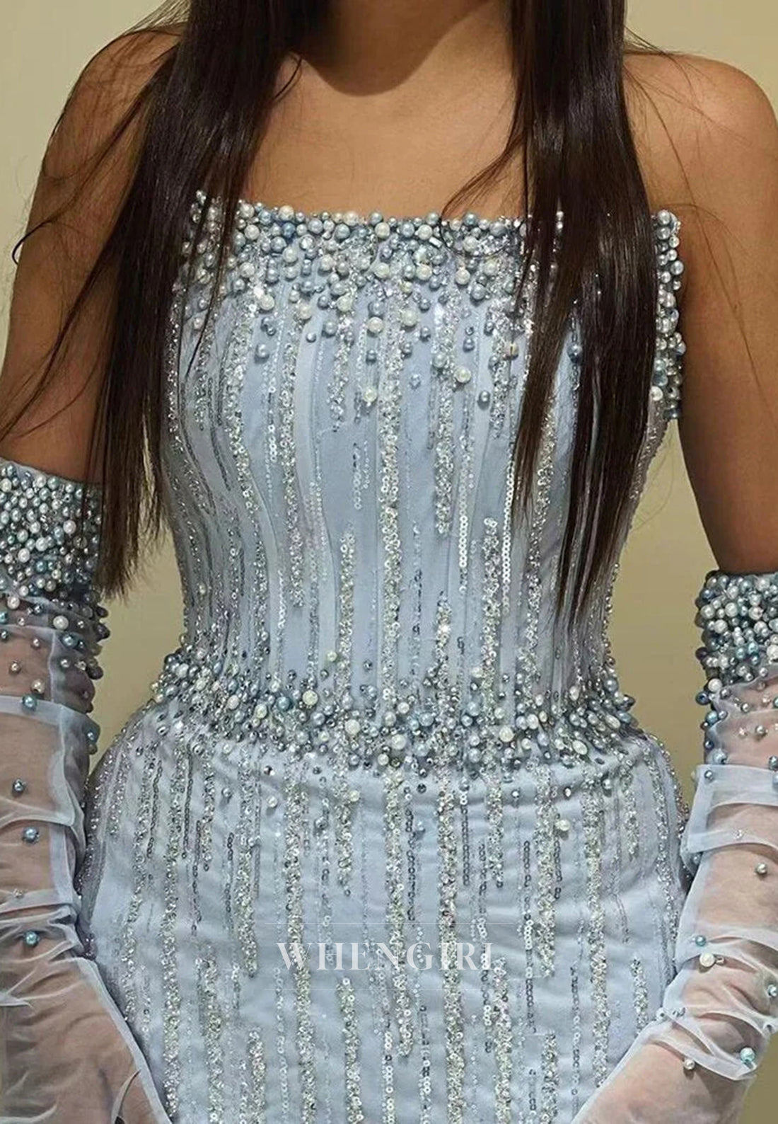 Light Blue Bateau Neck Strapless Pearls Sequins Beading Sheath Back Zipper Formal Evening Gown