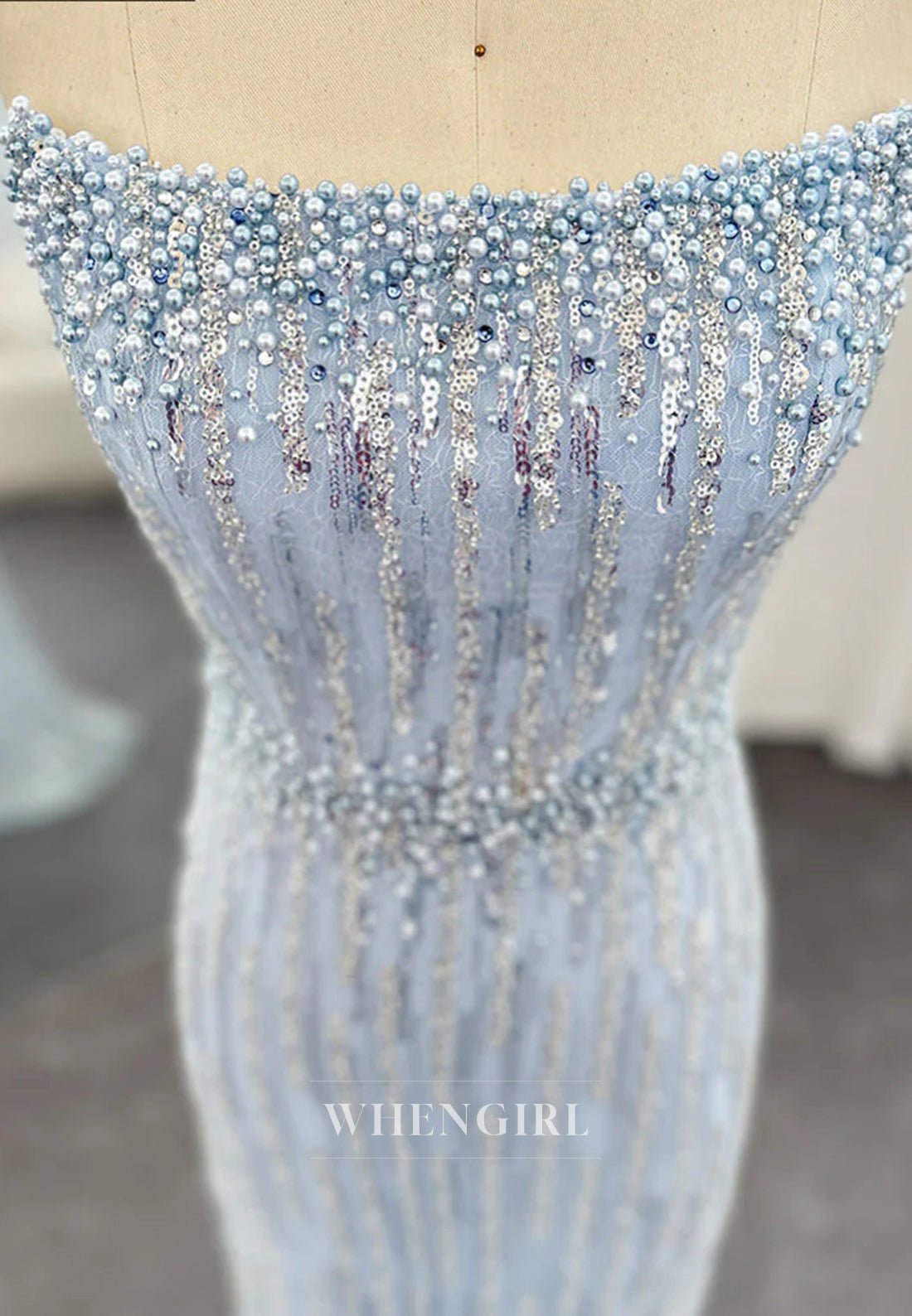Light Blue Bateau Neck Strapless Pearls Sequins Beading Sheath Back Zipper Formal Evening Gown