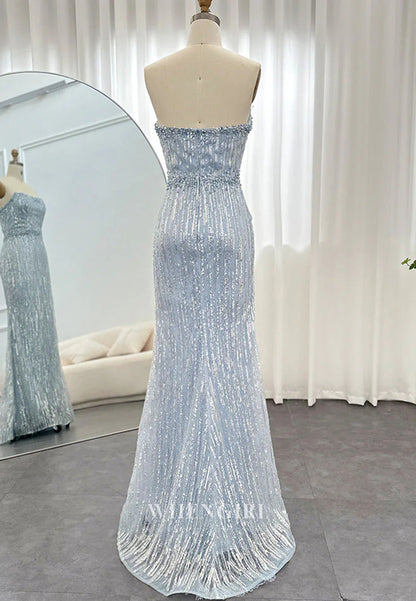Light Blue Bateau Neck Strapless Pearls Sequins Beading Sheath Back Zipper Formal Evening Gown