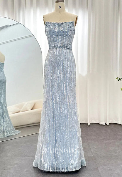 Light Blue Bateau Neck Strapless Pearls Sequins Beading Sheath Back Zipper Formal Evening Gown