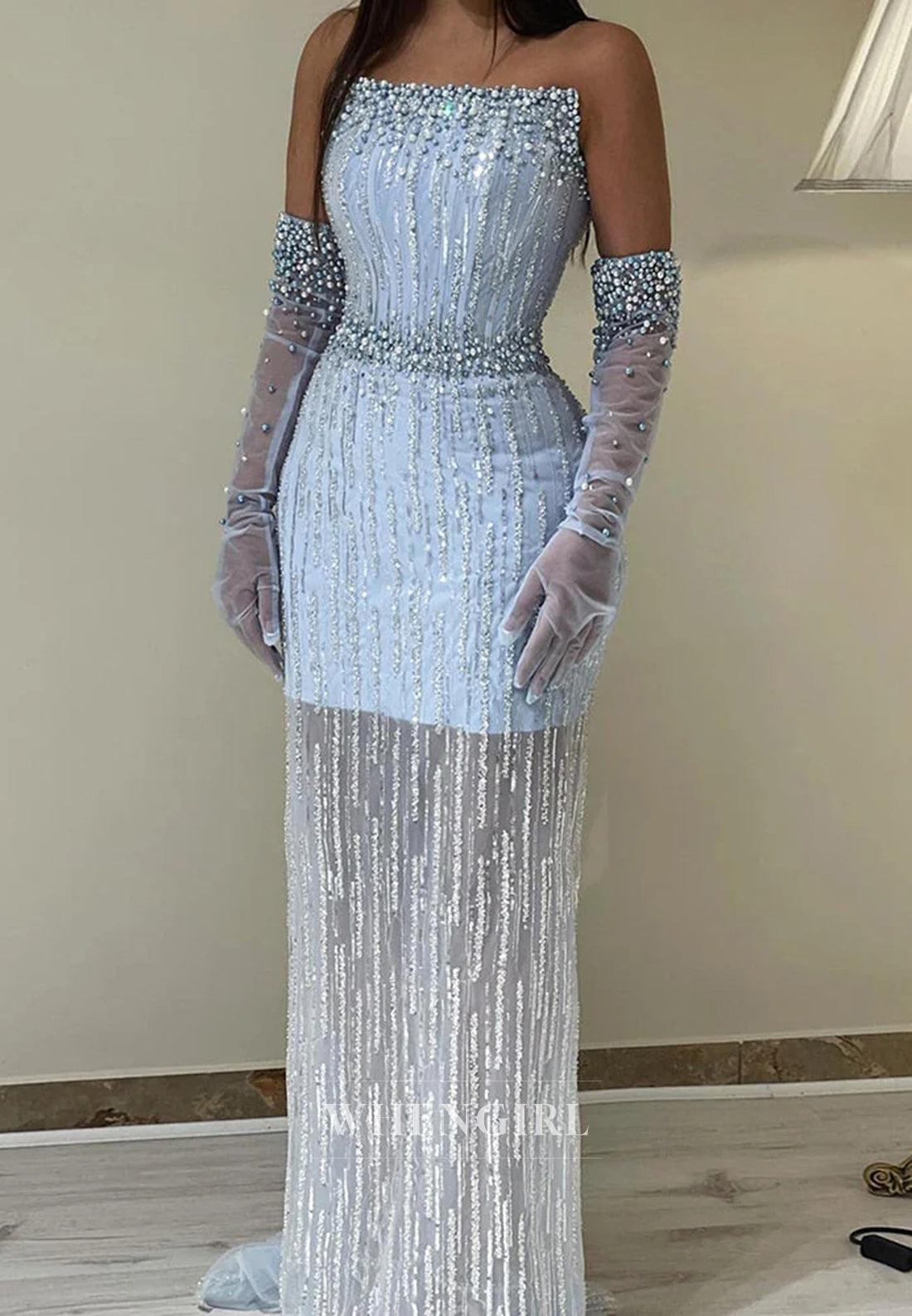 Light Blue Bateau Neck Strapless Pearls Sequins Beading Sheath Back Zipper Formal Evening Gown