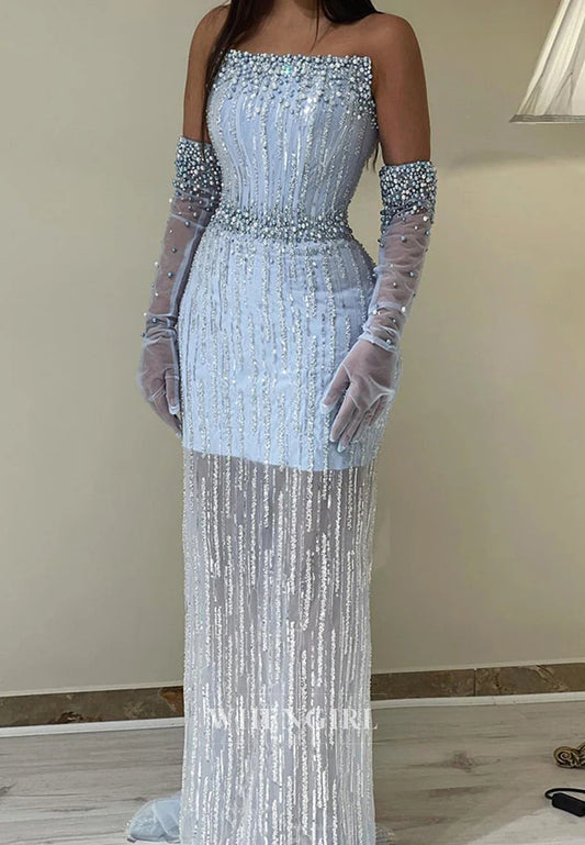 Light Blue Bateau Neck Strapless Pearls Sequins Beading Sheath Back Zipper Formal Evening Gown