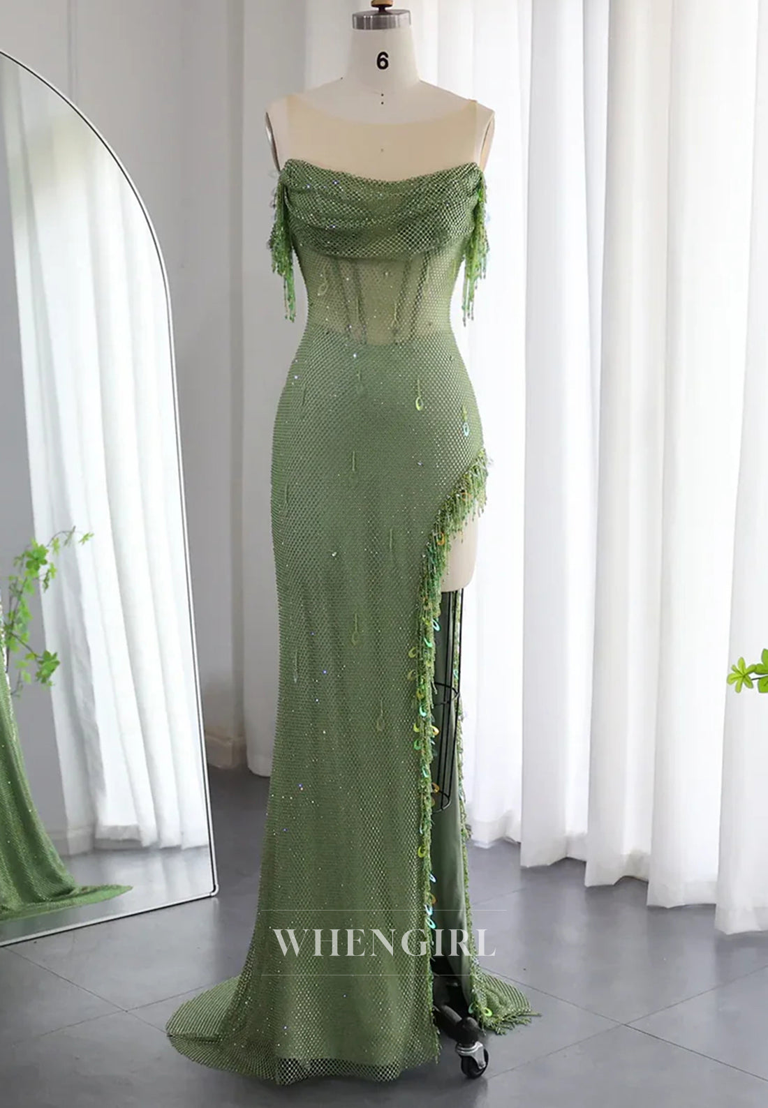 Lime Green Bateau Neck Sleeveless Beaded Side Slit Pleated Evening Prom Dress