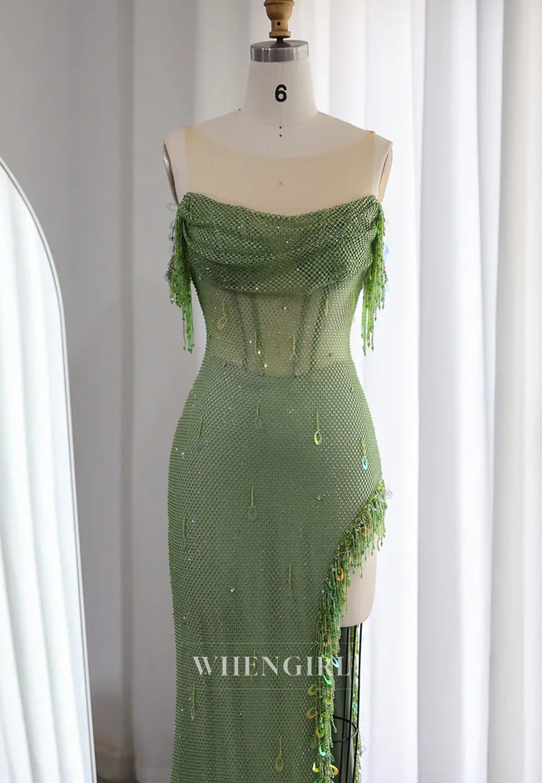 Lime Green Bateau Neck Sleeveless Beaded Side Slit Pleated Evening Prom Dress