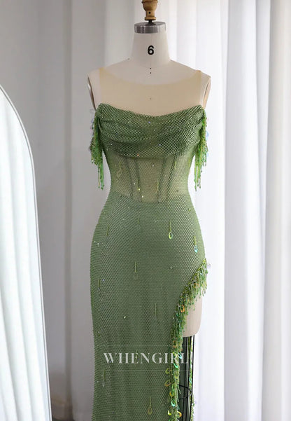 Lime Green Bateau Neck Sleeveless Beaded Side Slit Pleated Evening Prom Dress