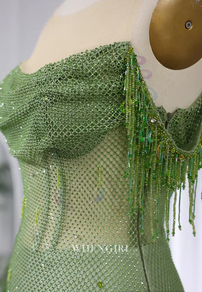 Lime Green Bateau Neck Sleeveless Beaded Side Slit Pleated Evening Prom Dress