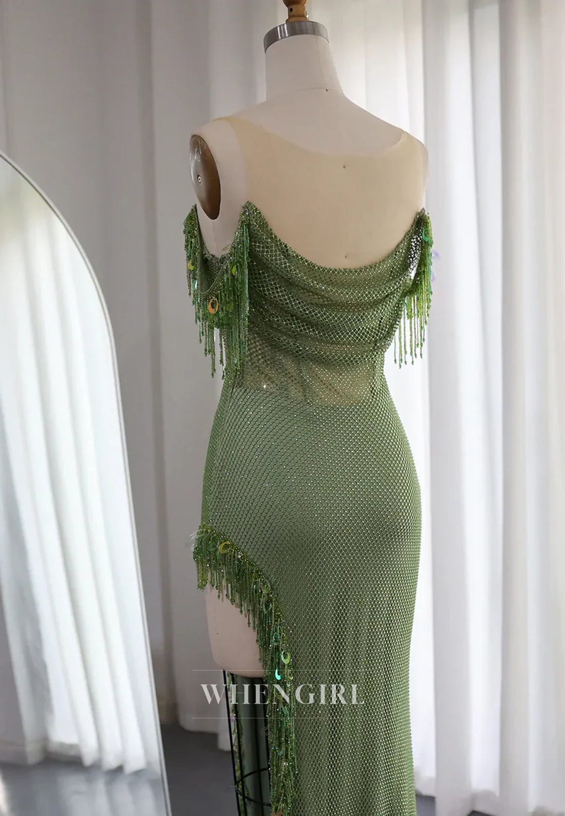 Lime Green Bateau Neck Sleeveless Beaded Side Slit Pleated Evening Prom Dress