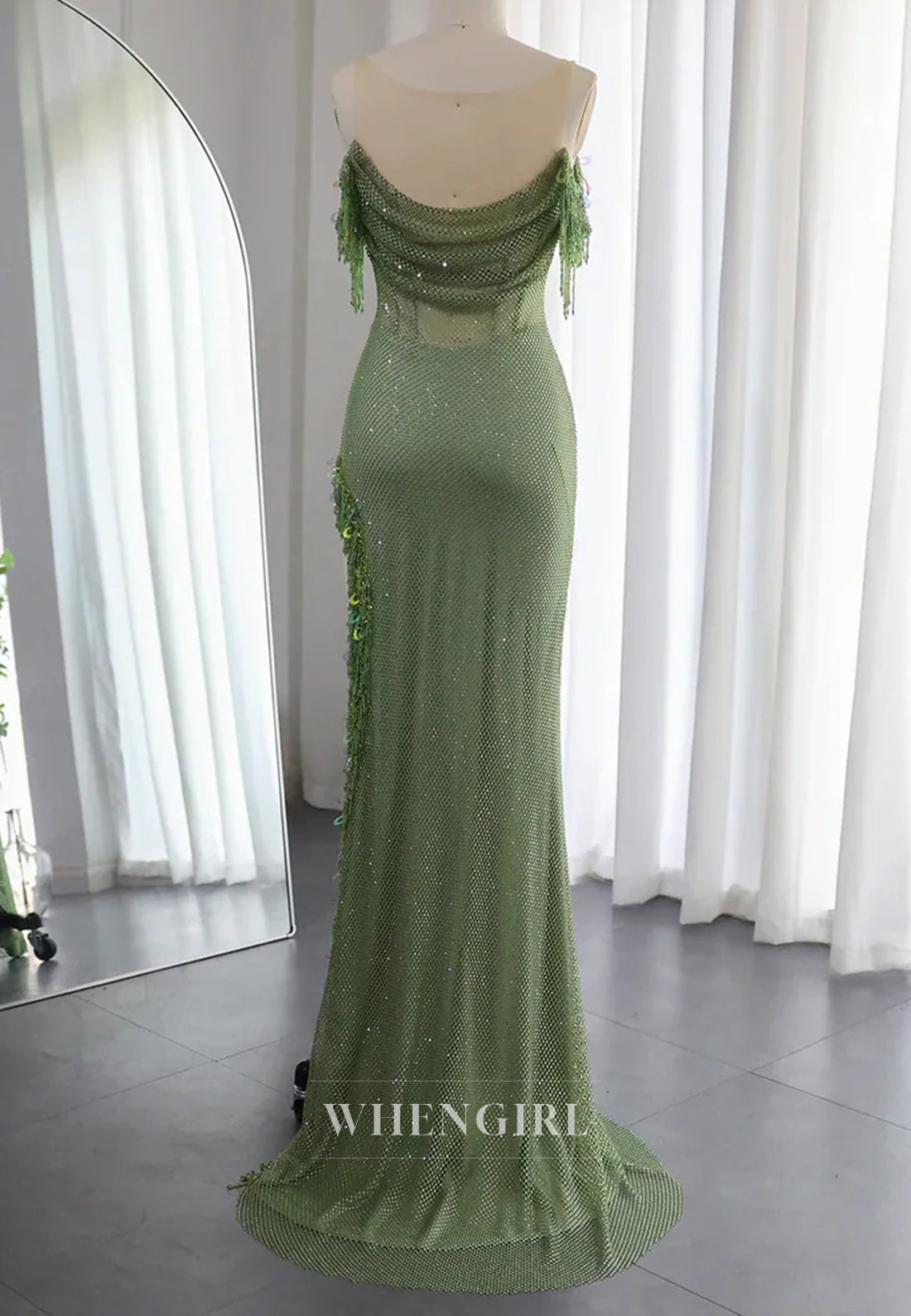 Lime Green Bateau Neck Sleeveless Beaded Side Slit Pleated Evening Prom Dress