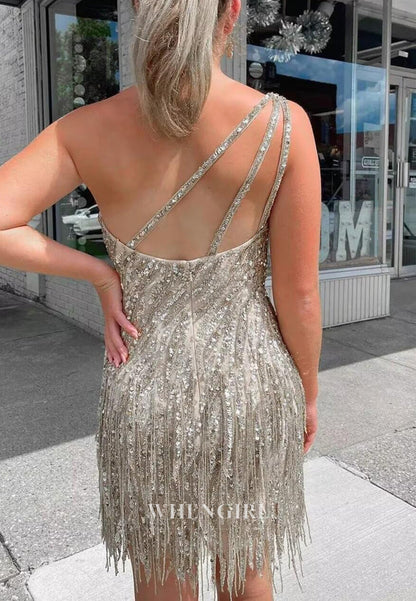 One Shoudler Sequins Beading Sheath Tassels Short Homecoming Dress
