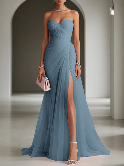 Ruched Slit Tulle Strapless Sleeveless Sheath Formal Gown