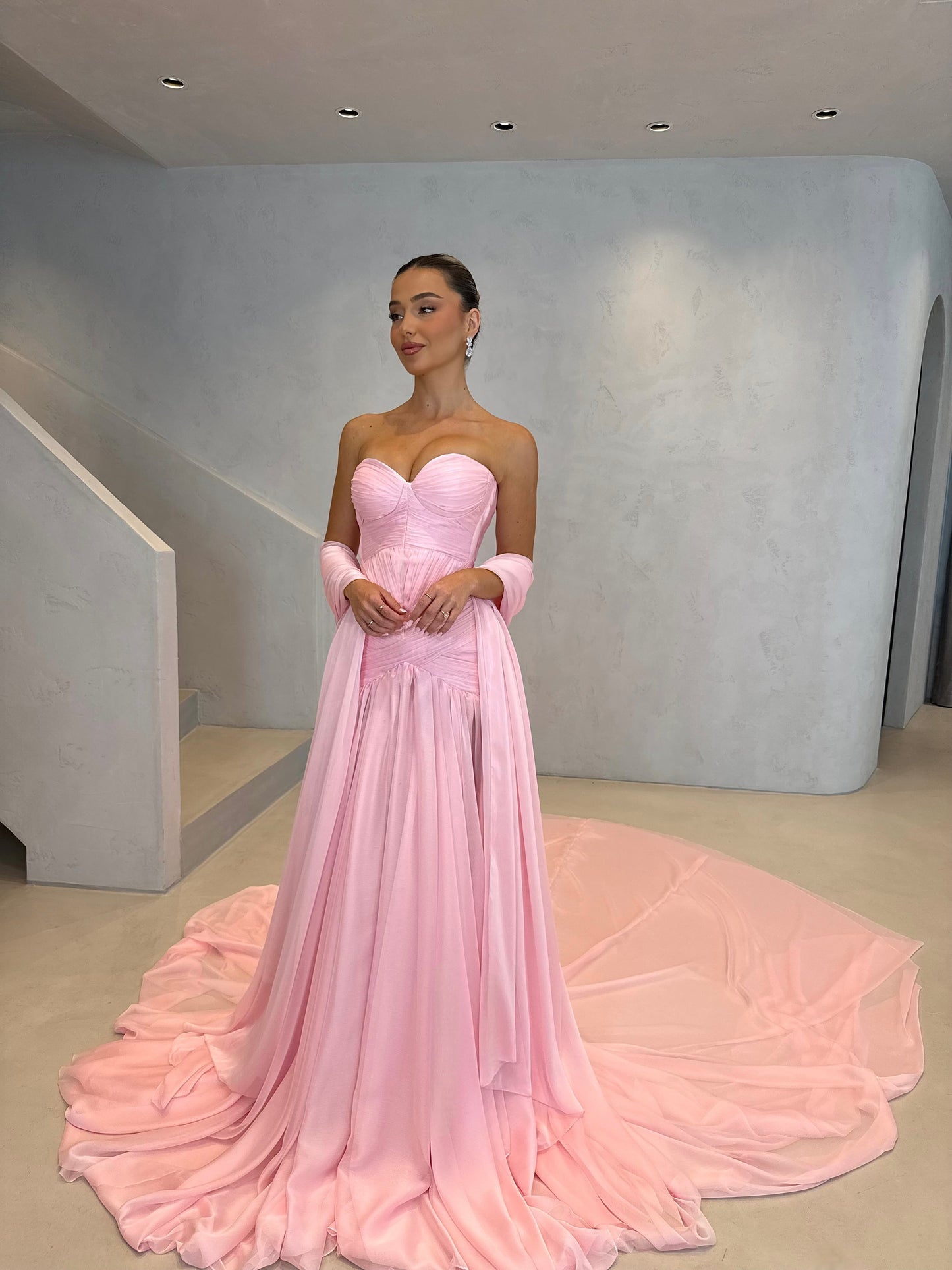 Pink Draped Sweetheart Ruched Evening Dress With Cape