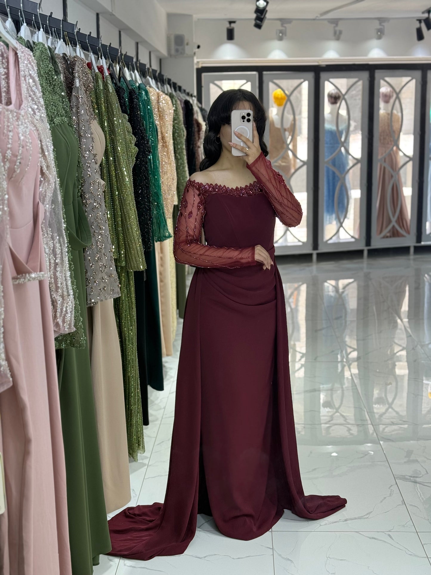 Burgundy Off Shoulder Long Sleeves Ruched Sheath Evening Gown with Train